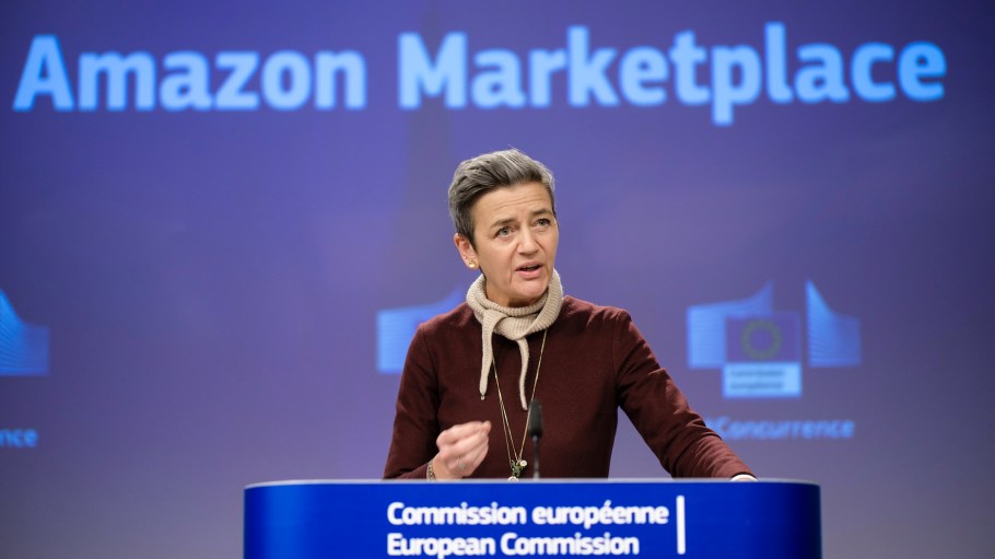 European Commission executive vice president Margrethe Vestager, talking to media at the governing body's headquarters in Brussels, Belgium on Dec. 20, 2022.