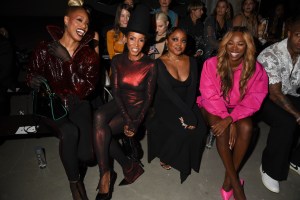 Laverne Cox, June Ambrose, Quinta Brunson, and guest at the LaQuan Smith Spring 2024 Ready To Wear Fashion Show at Skylight at Essex Crossing on September 11, 2023 in New York, New York.
