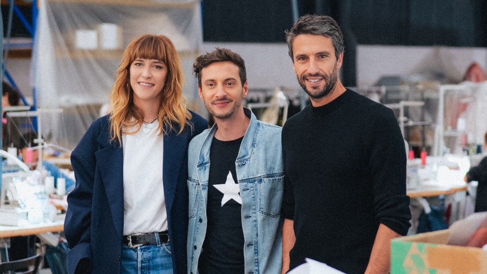 Daphné Bürki, Thomas Jolly and Tony Estanguet in a costume workshop for the 2024 Paris Olympic Games.