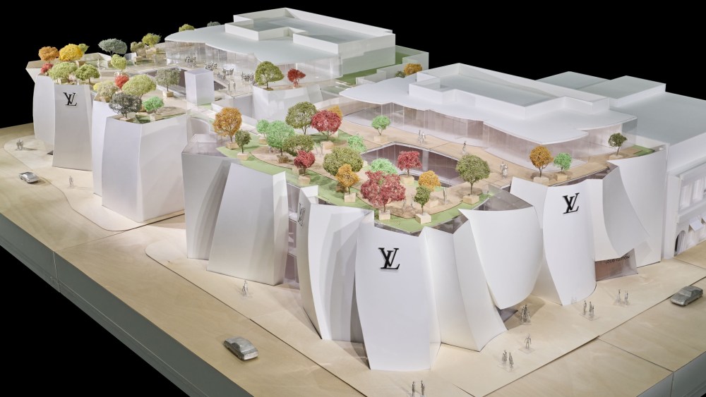 An architectural model of the vast Louis Vuitton flagship slated to open in Beverly Hills, Calif., in 2029.
