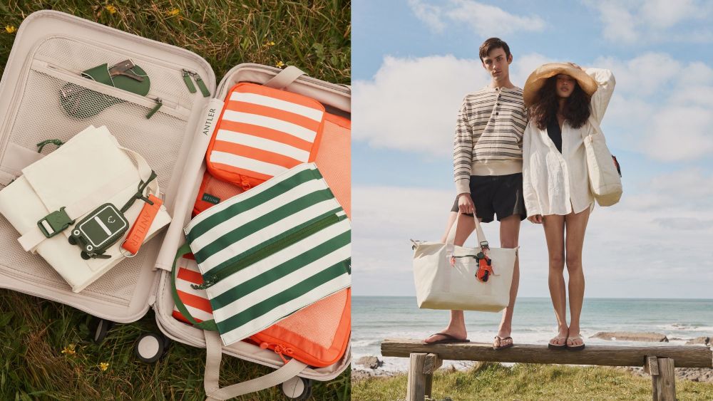 antler suitcase filled with the best packing cubes, sunglasses cases, travel pouches; models holding up antler tote bags in an outdoor setting; best luggage summer 2026