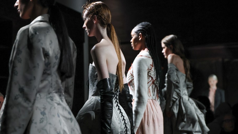 NEW YORK, NEW YORK - FEBRUARY 11: Models pose at the Meruert Tolegen presentation during New York Fashion Week on February 11, 2026 in New York City. (Photo by Dia Dipasupil/Getty Images)