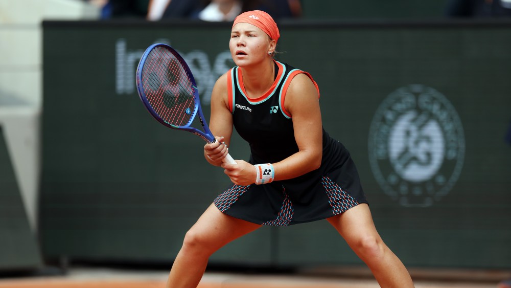 PARIS, FRANCE - JUNE 03: Diana Shnaider is seen on the way to victory over Aryna Sabalenka in their Quarter final match during Day Eleven of the 2026 French Open at Roland Garros on June 03, 2026 in Paris, France. (Photo by Ian MacNicol/Getty