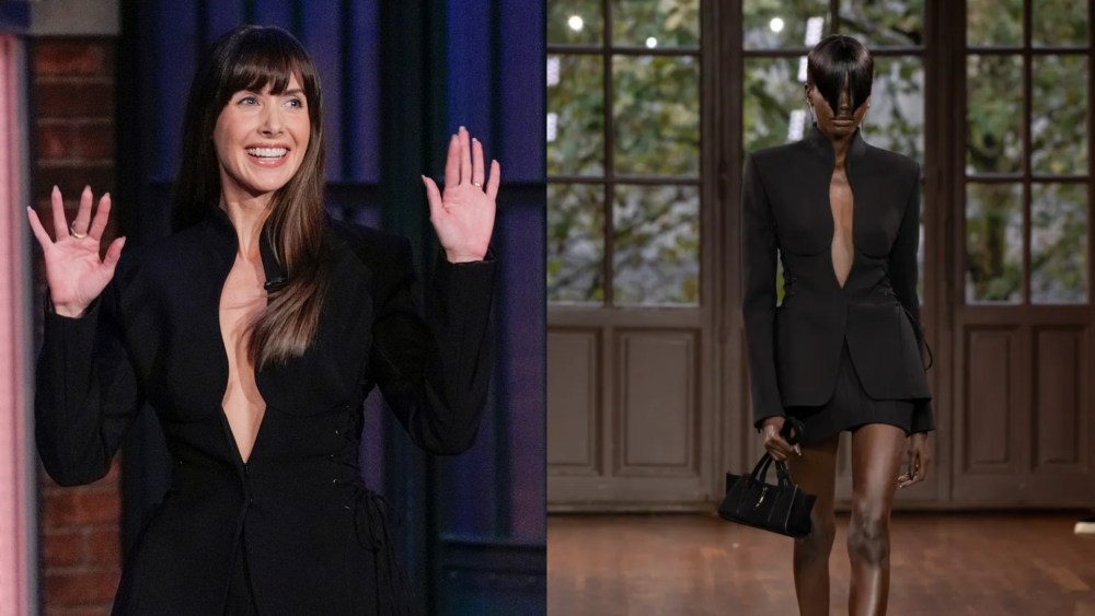 Alison Brie wears Mugler on 'Late Night With Seth Meyers.'