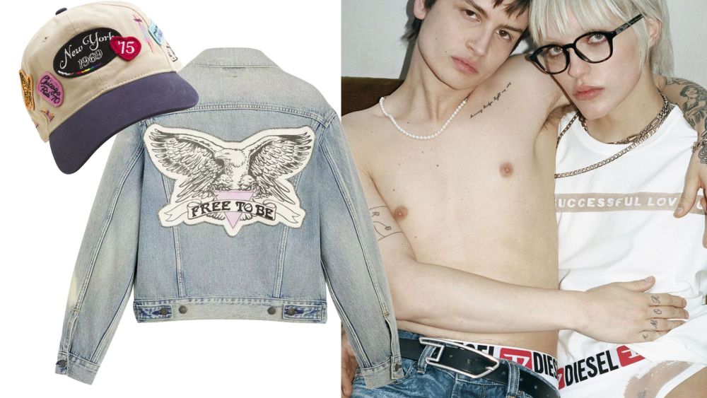 a cap and trucker jacket for pride month overlaid on a photo of a queer couple posing for the diesel x tinder campaign; shop best pride month collections 2026