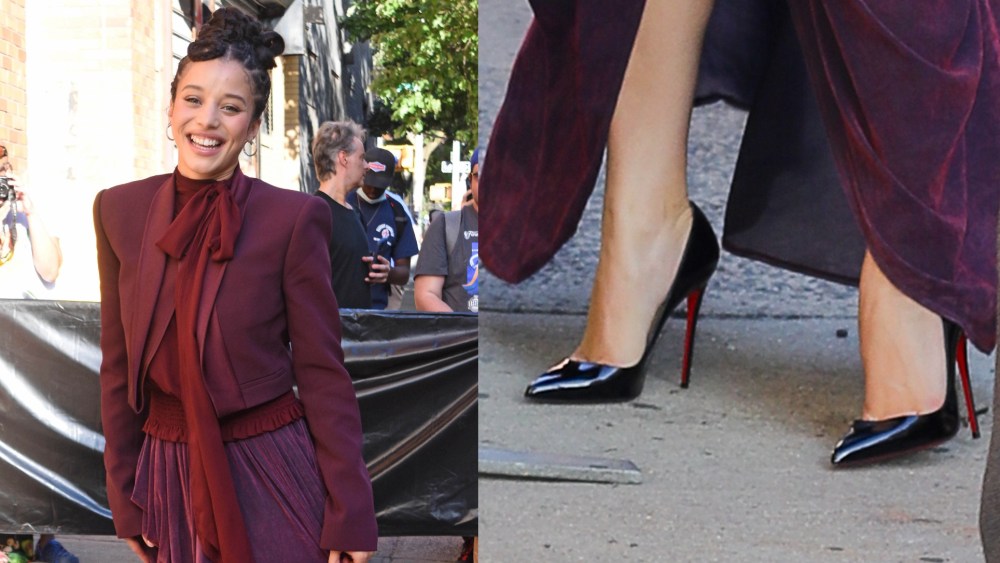 Chase Infiniti stopped by 'The Daily Show' in New York for an interview on Wednesday, wearing a burgundy look with the So Kate heels in black.
