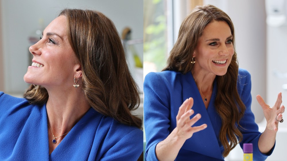 Kate Middleton wears an Eponine London dress and Vanleles honeycomb bee earrings at the Christie cancer care hospital on June 4 in Manchester, England.